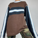 OOTDGIRL Preppy Harajuku Grunge Patchwork Sweatshirts Autumn Spring Contrast Long Sleeve Pullovers Y2K Vintage Brown Striped Jumpers