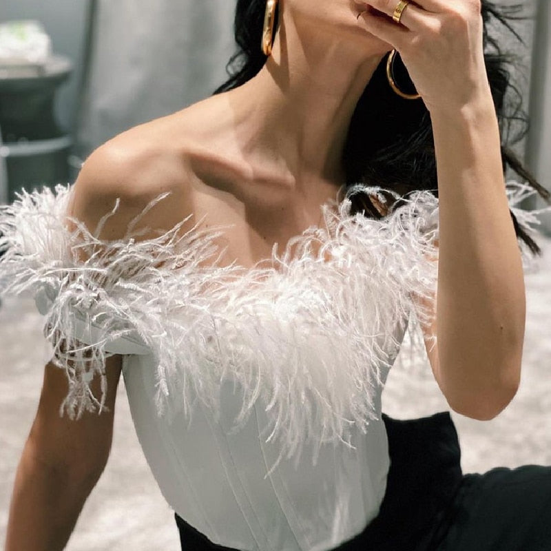 OOTDGIRL Women Sexy Feather Corset Crop Top Push Up Bustier Boned Top Spaghetti Strap Slim Bodycon Cami Top Party Streetwear