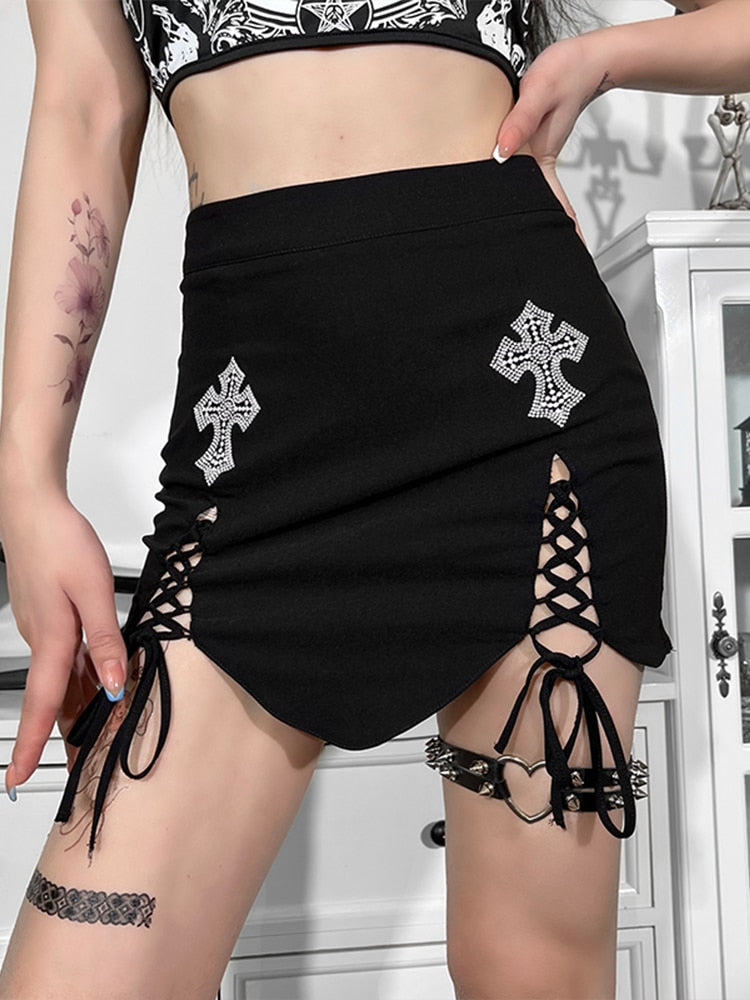 Ootdgirl Halloween Y2K Fairy Grunge Punk Black Skirt Zipper White Cross Lace Up Fold Mini Skirt Aesthetic High Waist Goth  E Girl Skirt