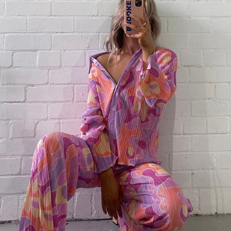OOTDGIRL Y2K Graphic Print Long Sleeve Shirt Blouse + Wide Leg Pants Chic Women Two Piece Set Vintage Streetwear Boho Holiday Outfits