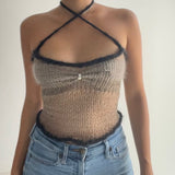 OOTDGIRL Kawaii Girl Knitted Tie-Up Strap Crop Top Sexy Hollow Out Backless Camisole Chic Women Vintage Mini Vest Y2K Retro Streetwear