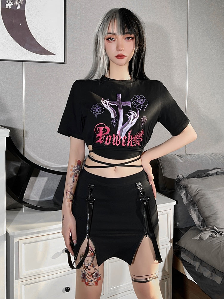 Ootdgirl Halloween Goth Y2k Rose Cross Print Woman T-Shirt Harajuku Anime Letter Strap Crop Top Fashion Hollow Out O-Neck Short Sleeve Tee