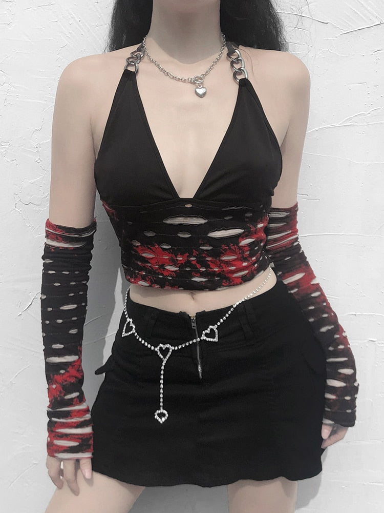 Ootdgirl  Fairy Grunge Print Crop Top With Arm Gloves Gothic Dark Academic Vintage Corset Women Streetwear  Halter Camis 2022