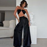 Ootdgirl   Satin Two Piece Set Metal Chain Baggy Wide Leg Pants and Crop Top 2022 Summer Beach Vacation Outfits C68-EE36