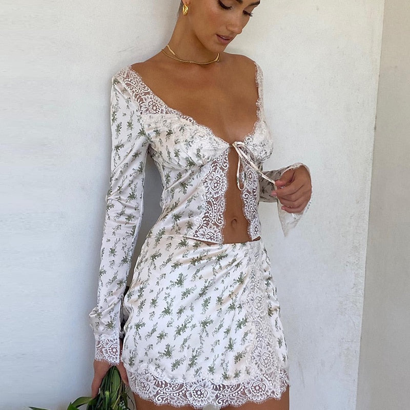 OOTDGIRL Autumn outfits French Romance Floral Print Two Piece Set Chic Women Vintage Lace Trim Tie Up V Neck Crop Top Mini Pencil Skirt Y2K Retro Outfit
