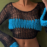 OOTDGIRL Crochet Patchwork Crop Top  See-Through Cover-Ups Beach Holiday Y2K Backless Tie Up Knitted Top