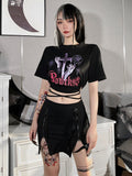 Ootdgirl Halloween Goth Y2k Rose Cross Print Woman T-Shirt Harajuku Anime Letter Strap Crop Top Fashion Hollow Out O-Neck Short Sleeve Tee