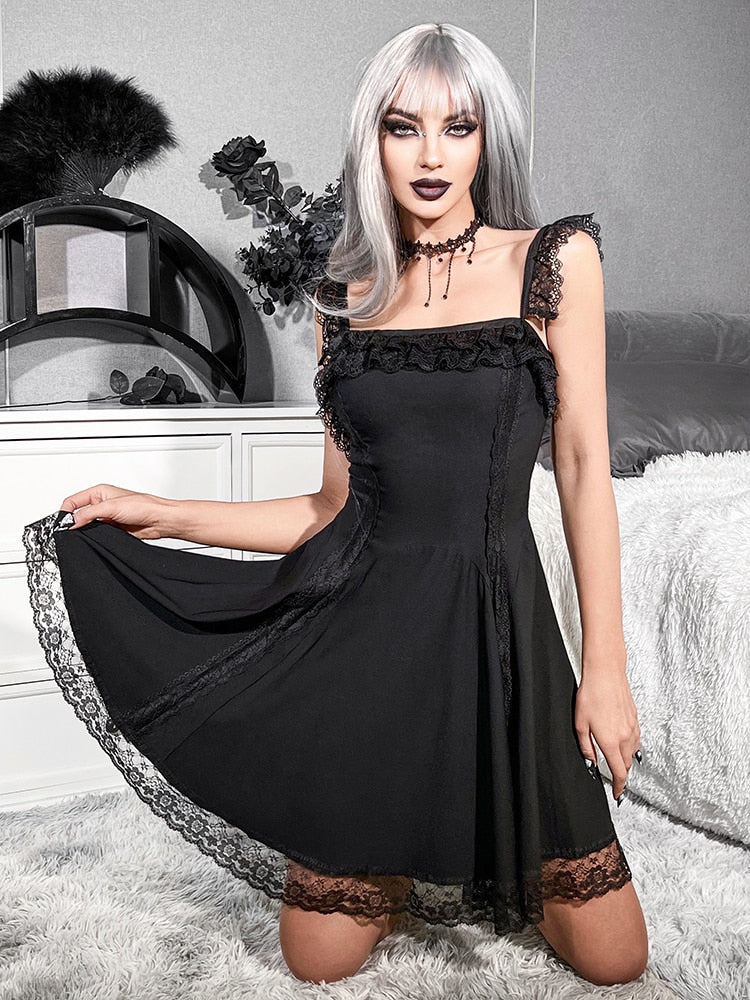 Ootdgirl Halloween Mall Gothic Black Backless Lace Trim Sling Dresses Vintage Square Neck Waist Tube Dress Pleated Fashion Punk Party Dress