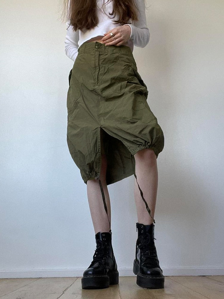 Ootdgirl  Women's Midi Skirts Harajuku Vintage Cargo Skirt High Waist Y2K Aesthetic Green Straight Skirts Korean Grunge Fairycore