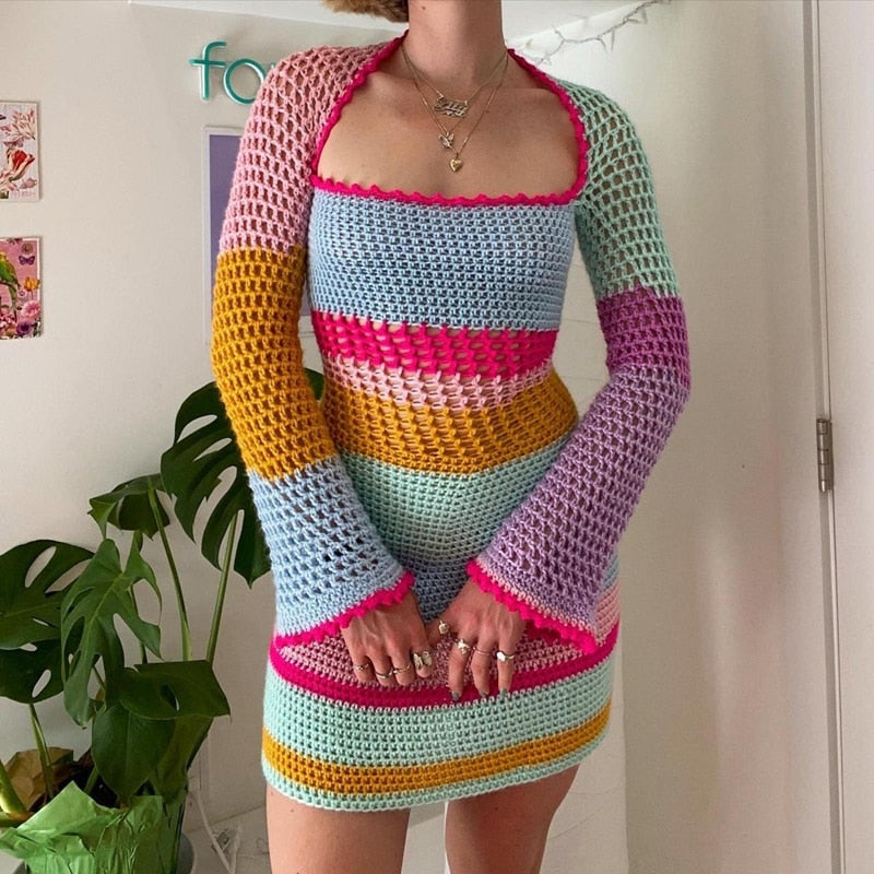 OOTDGIRL Colorful Patchwork Hollow Out Crochet Mini Dress Chic Women Long Sleeve 90S Vintage Aesthetic Knitted Dress Y2K Fairycore