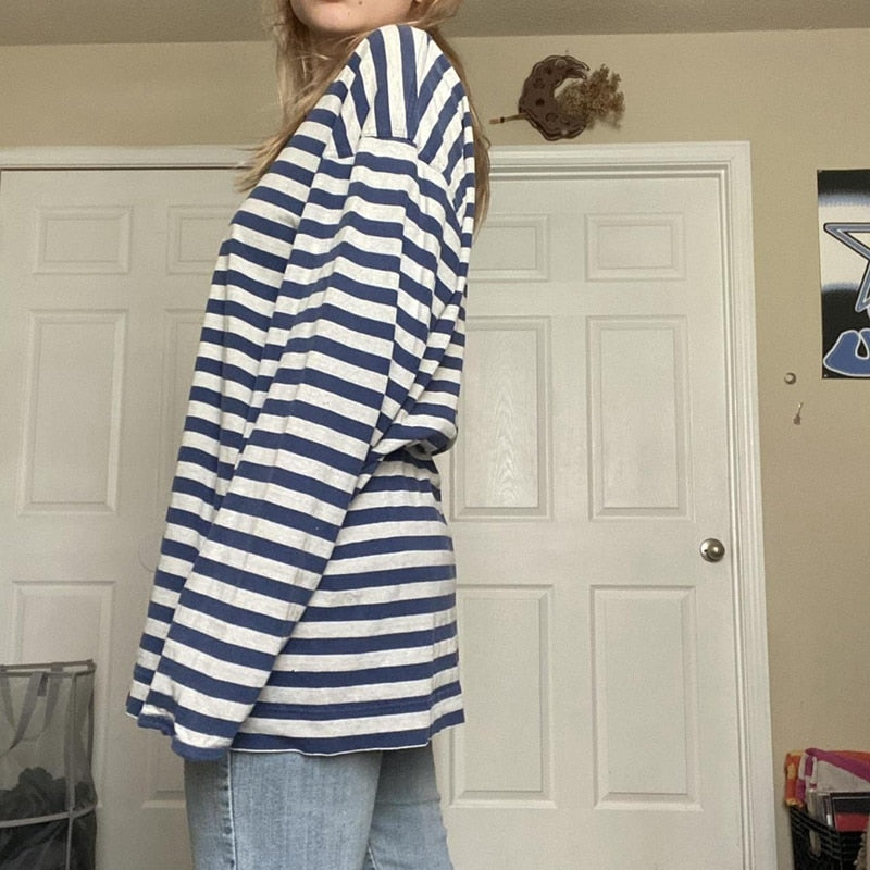 OOTDGIRL Women Vintage Loose Striped Sweatshirt 00S Retro Oversized O Neck Long Sleeve Pullover Y2K Aesthetics Grunge T-Shirt Streetwear