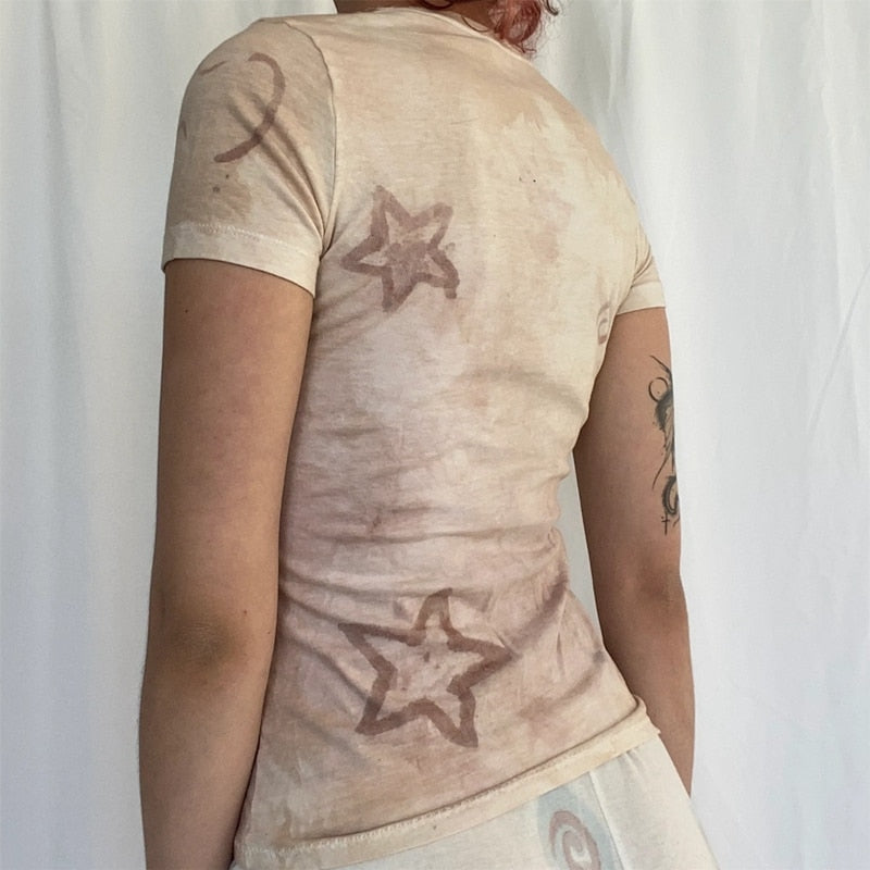 OOTDGIRL Star Print Retro Crop Top Summer Short Sleeve Sweats Tees 90S Vintage Women Y2K T-Shirt Aesthetics Fairy Grunge Streetwear