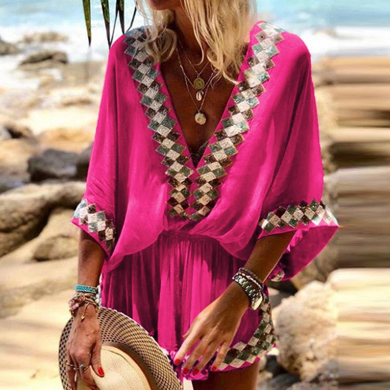 Ootdgirl Spring Summer New Beach Party Printed Women Bohemia Jumpsuits Casual Half Sleeves V Neck Loose Shorts Casual Overall Playsuits