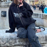 OOTDGIRL Skeleton Print Zip Up Hoodies E-Girl Gothic Mall Goth Coat Jackets Y2K Vintage Loose Sweatshirts Harajuku Grunge Streetwear
