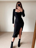 Ootdgirl  Solid Black Midi Dress Fashion  Side Split Dress Women Skinny Pencil Dress Vintage Party Dress 90S Streetwear