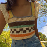OOTDGIRL Vintage Knitted Sweater Vest Y2k Summer Striped Patchwork Square Collar Ruffles Short Sleeve Tank Aesthetic Crop Top