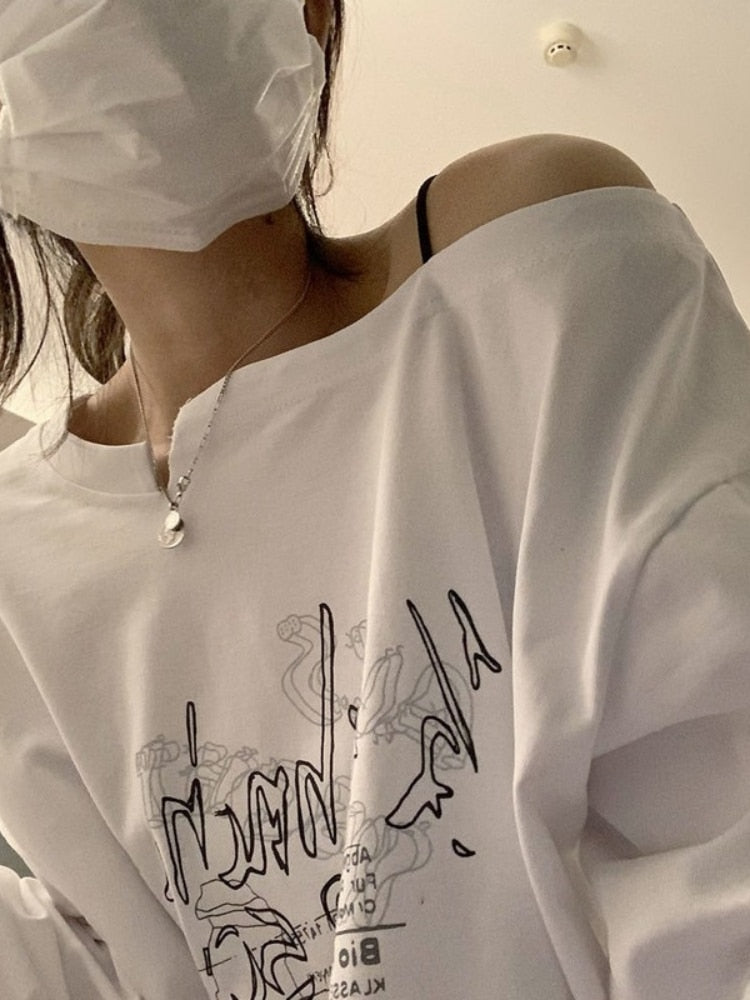 Ootdgirl White Tshirts Women Long Sleeve Y2k Top Korean Fashion Graphic Off Shoulder Oversize Tees Black Harajuku T-shirt Vintage