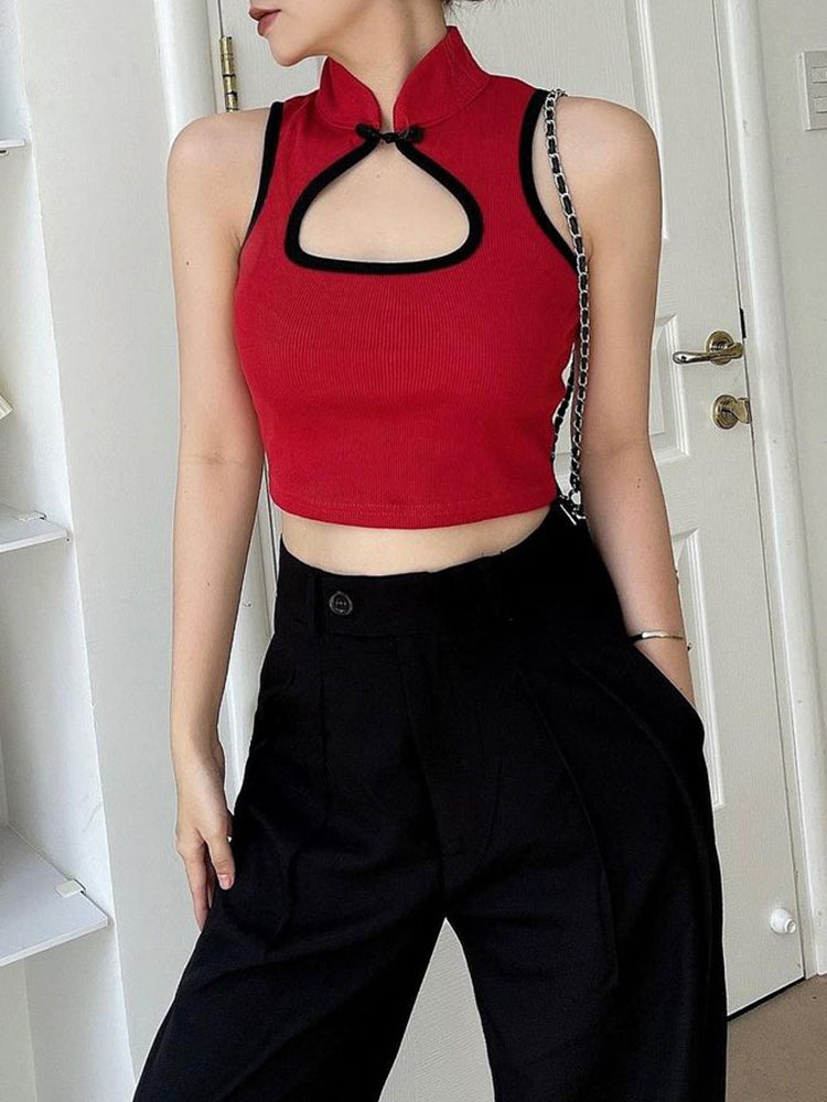 Ootdgirl  Vintage Panelled Tank Top For Women Harajuku Hollow Out Mini Vest Korean Stand Collar Crop Top Chic Female Streetwear