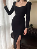 Ootdgirl  Solid Black Midi Dress Fashion  Side Split Dress Women Skinny Pencil Dress Vintage Party Dress 90S Streetwear