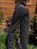 Ootdgirl  Vintage Embroidery Jeans Women's High Waist Straight Pants Casual Y2k Streetwear Denim Trousers Korean Grunge Fairycore