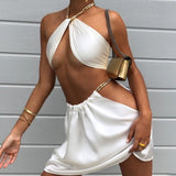 Ootdgirl   Chain Satin Skirt Two Peice Set Vacation Trendy Outfits for Women Summer Club Rave Halter Mini Dress Sets C68CI22