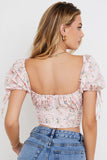 OOTDGIRL Summer Women Pink Shirt Ladies Ruffles Puff Sleeves Back Zipper Print Slim With Belt Vintage Vocation Short Crop Shirt