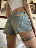 Ootdgirl  Y2k Grunge Ripped Tassel Women Shorts Retro Patched Pocket Denim Shorts Casual High Street Skinny Shorts Femme Bottoms