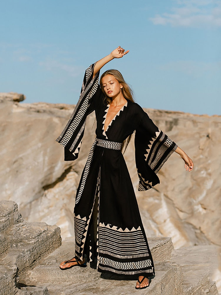 Ootdgirl  Bohemian Vintage Beach Kimono Big Sleeve Print Black Women's Swimsuit Outing Holiday Slim  Long Cardigan Sashes