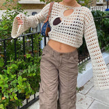 OOTDGIRL 90S Vintage Knitted Hollow Out Crop Top Y2K Aesthetic Crochet Loose Pullovers Fairycore Grunge Sweater Tees Cover-Ups Streetwear