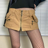 OOTDGIRL Y2K Grunge Low Waisted Denim Pleated Skirts Vintage Brown Pockets Mini Skirt Women Kawaii Harajuku Korean Preppy Style Clothes