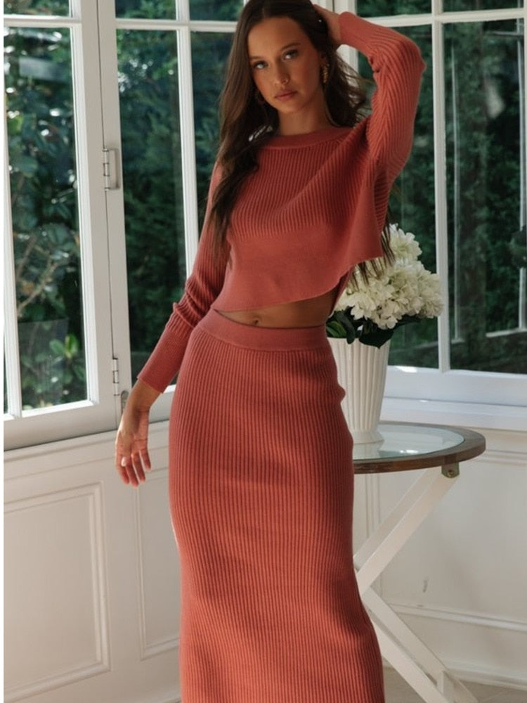 Ootdgirl Knitted 2 Pieces Set Women Pullovers Sweater Crop Tops & Knitted Skirts Bodycon Office Lady Skirts 2PCS Suits 2022 Winter Cloth