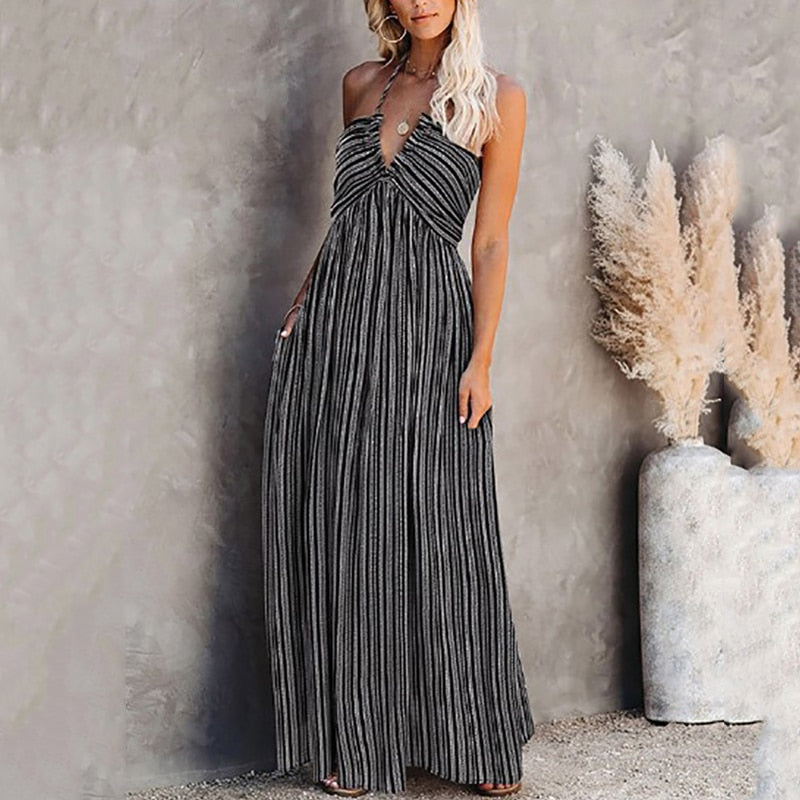 Ootdgirl  Bohemian Vintage Backless Maxi Dress Summer Striped Slim  Sundress Holiday Long Robe V Neck A Line Vestidos Sale