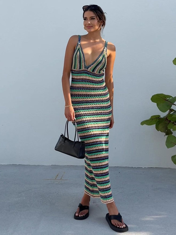 OOTDGIRL Elegant Vestidos Striped Knitted V-Neck Maxi Dress Outfits For Women Party Club Summer Holiday Beach Dresses New