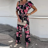 Ootdgirl Fashion Streetwear Women's Jumpsuits Casual Flower Printed Short Sleeves Slim Lace-Up Playsuits Summer Elegant Wide-Leg Trousers