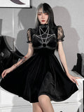 Ootdgirl Halloween Gothic Black Pentagram Chain Body Belt Halter Dress Lace Sleeve Wedding Guest Mini Dress Velvet A-Line Party Prom Dress