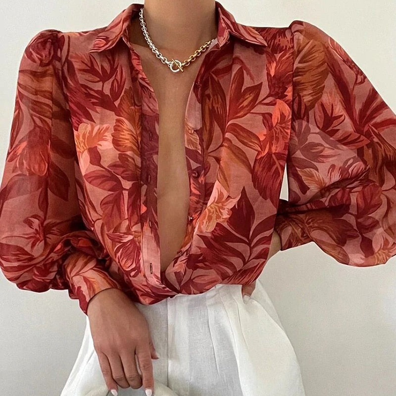 Ootdgirl Spring Fashion Women Shirt Lantern Long Sleeves Casual Solid Color Printed Slim Buttons V Neck Blouse Commute High Street Shirts