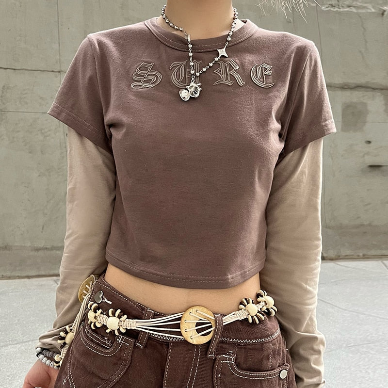 OOTDGIRL Letter Embroidery Y2K Crop Top Vintage Contrast Patchwork Stitch Long Sleeve Sweats Tees Aesthetics 2000S Retro Grunge T-Shirt