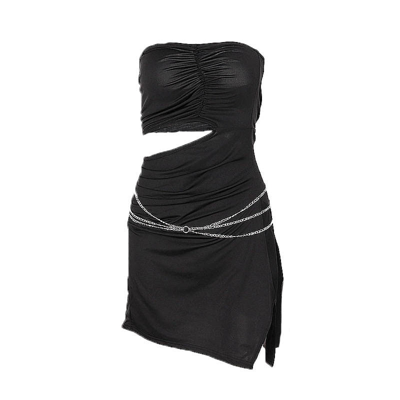OOTDGIRL Strapless Chain Cut Out Bodycon Mini Dress Women Elegant Sexy Split Ruched Robe Club Party Dresses Black 2022 Summer Streetwear