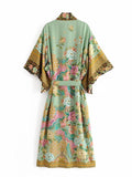 Ootdgirl  Print Floral Beach Kimono Sashes Slim Long Cardigan Female Autumn New Cotton  Vintage Beach Cover-Up Bohemian