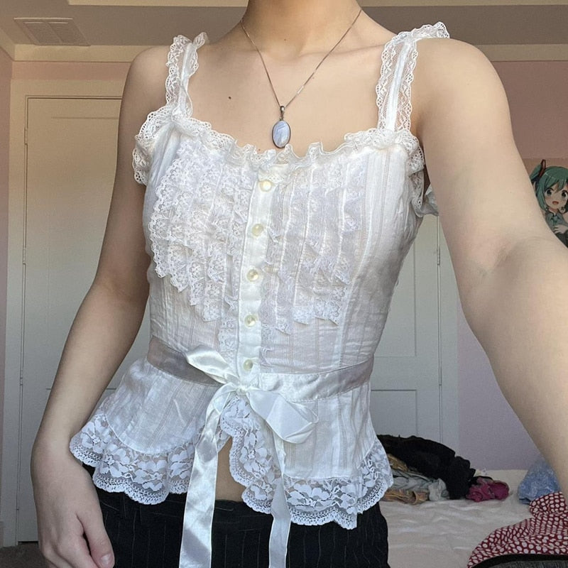OOTDGIRL Fairy Grunge French Vintage White Cami Top Kawaii Cute Girl Bow Frill Sleevelsess Cropped Women Y2K Aesthetic Milkmaid Tops