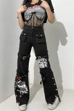 Ootdgirl  Gothic Print Jeans Woman Low Waist Cargo Pants Hip Hop Buckle Jean Streetwear Punk Denim Trousers Goth Mall Grunge