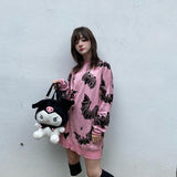 OOTDGIRL Y2K Gothic Bat Print Black Sweater  Fairy Grunge Fashion Winter Aesthetic Pink Black Pullover Harajuku Long Sleeve Top