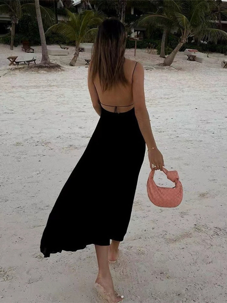 Ootdgirl  Summer Sleeveless  Backless Maxi Dress for Women Beachwear Outfits Cut Out Spaghetti Strap Long Dress Vestido