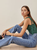OOTDGIRL Summer Women Camisole French Style Floral Print Crop Top Folk Lace Up Green Elastic Tank Top