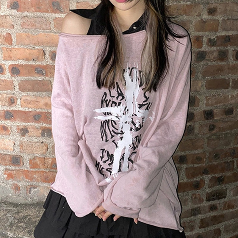 OOTDGIRL E-Girl Gothic Graphic Print Loose Sweatshirts Retro Dark Academia Mall Goth Pullovers Y2K Off Shoulder Long Tops Women Vintage