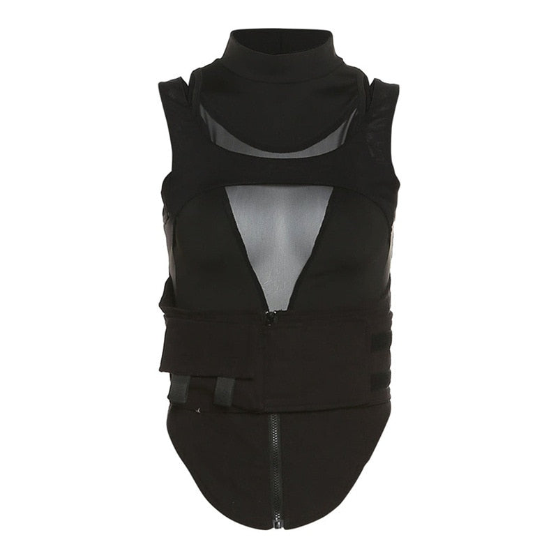 Ootdgirl  Street Fashion  Black Cropped Tank Top See Through Mesh Patchwork Techwear Sleeveless Tshirts for Women C87-EZ25