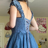 OOTDGIRL Y2K Aesthetic Denim Blue Mini Dress Vintage Ruffles Button Backless Lace Up A-Line Dress Fairycore Grunge Retro Holiday Women