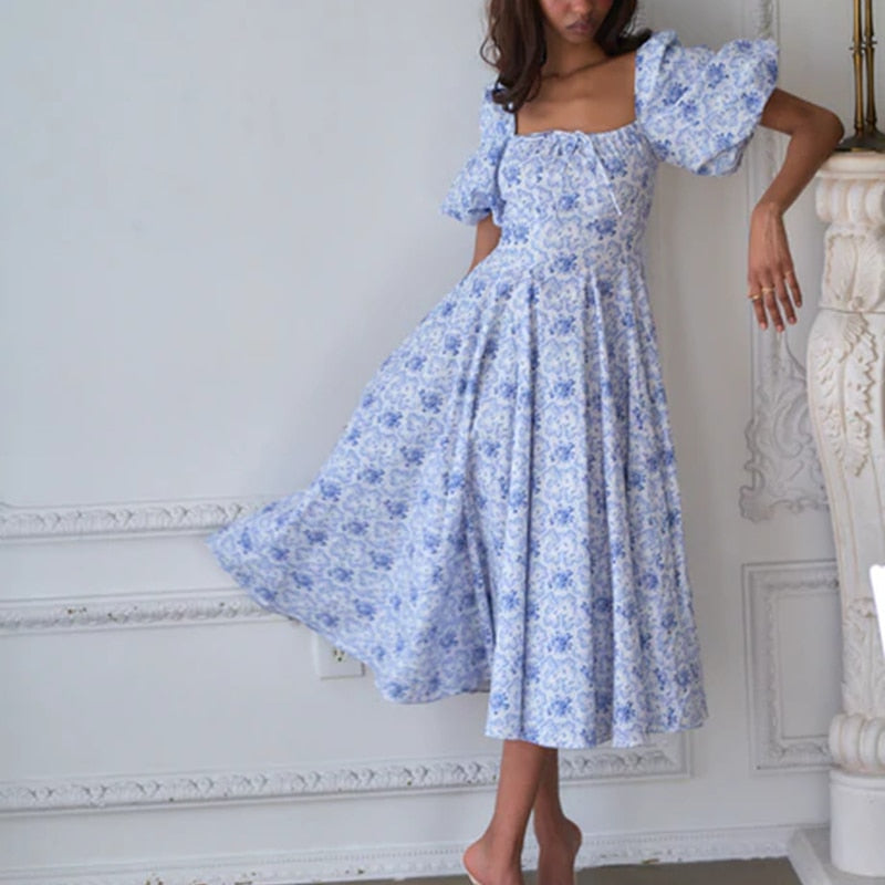 OOTDGIRL 90S Vintage Print Midi Dress Chic Women Puff Sleeve A-Line Long Dresses Y2K Elegant Lady Birthday Evening Party Night Outfits