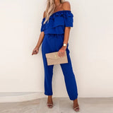 Ootdgirl Summer Elegant Fashion High Street Commute Women's Jumpsuits Casual Solid Color  Off-Shoulder Short Sleeves Loose Playsuits