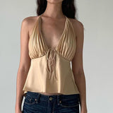OOTDGIRL Elegant Lady Vintage Satin Camisole Folds Chest Wrap Halter Top Sexy Deep V Neck Backless Cropped Chic Women Rave Clubwear